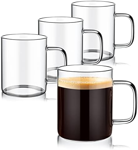 Чаши за кафе от прозрачно стъкло PunPun, Комплект от 2 Стъклени чаши с голяма дръжка, Големи Стъклени чаши с широко