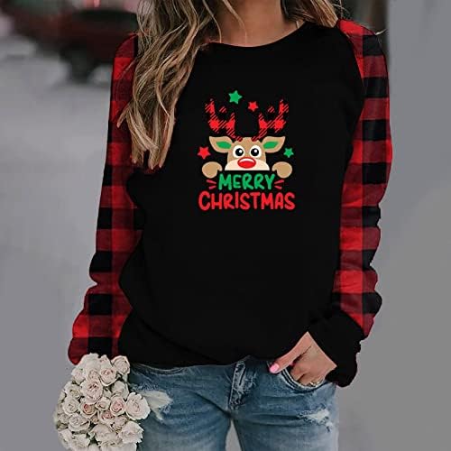 Жена Коледен Пуловер, Нова година 2023, Забавни Сладки Свитшоты с кръгло деколте, Пуловер в Клетка от Бъфало, Блузи,