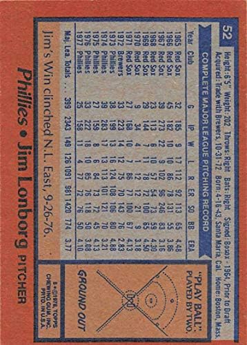 1978 Бейзболна картичка Topps 52 Джим Лонборга Philadelphia Phillies MLB EX Excellent