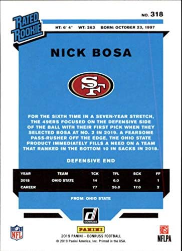Ник Боса 2019 Donruss RC 318 Запознати с рейтинг NM-MT 49ers Футбол NFL