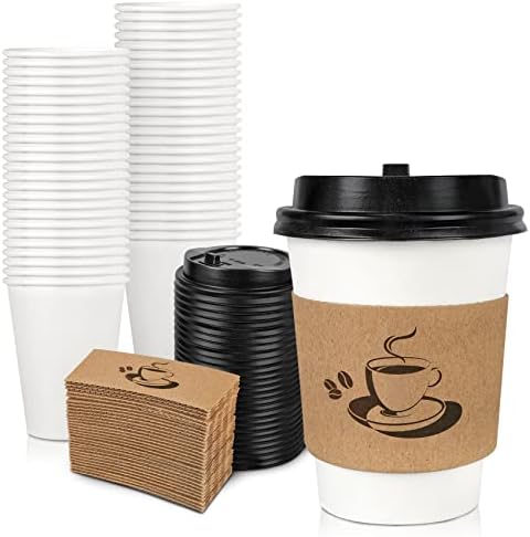 50 Опаковки за Еднократна употреба, Чаши Кафе на обем 12 унции с Капаци и Приложения, за Еднократна употреба Чаши