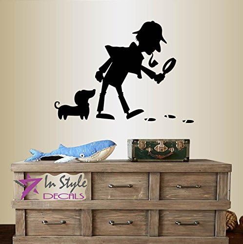 Стенни Vinyl Стикер За Домашен интериор Художествена Стикер Детектив и Следа от Кучето под Лупа Карикатура Детски