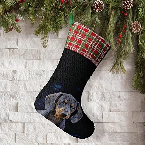 Черна Такса Кученце Кучето Пайети Коледни Празници Чорапи Обратим което променя Цвета си в Магически Състав за Коледно