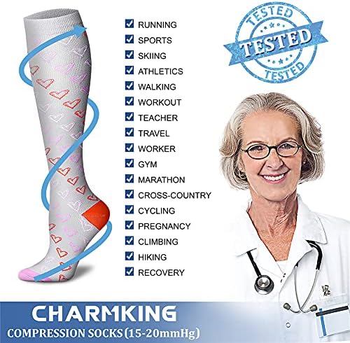 Компресия чорапи CHARMKING за жените и мъжете (6 двойки) с налягане, 15-20 мм живачен стълб.календар. Най-подходящи