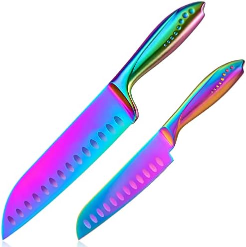 Набор от ножове WELLSTAR Rainbow Santoku от 2 теми, Остър Нож на немската Неръждаема стомана Granton Edge, 7 см
