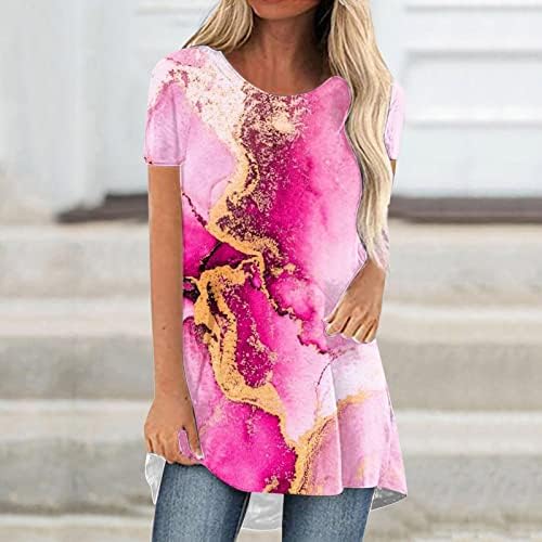 Дамска Блуза с кръгло деколте, Модерни Ежедневни Струящиеся Летни Тениски с Къс Ръкав и Мрамор Принтом, Свободни