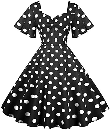 Жена Винтажное рокля на 1950-те Години В Грах С рюшами, U-образно деколте, Пищни Рокля С Къси ръкави, Коктейлни