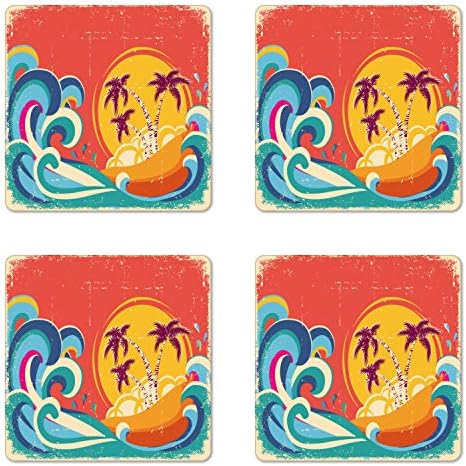 Сменяеми Реколта Хавайски Влакчета от 4 теми, Ретро Тропически Остров в стила на Старата Хартия с Гигантски Вълни