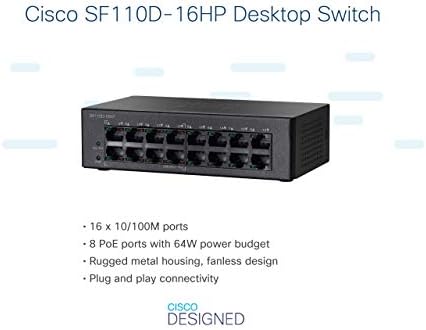 Unmanaged switch Cisco SF110D-16HP, 16 порта 10/100, PoE, защита с ограничен срок на служба (SF110D-16HP-NA)