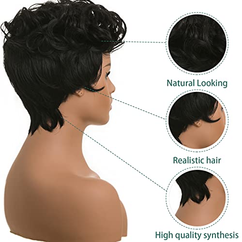 Перуки BOBCOO от Естествени черни коса Pixie за черни жени, Черни Къси Къдрави Перуки Pixie с Бретон, Сладък Кратък
