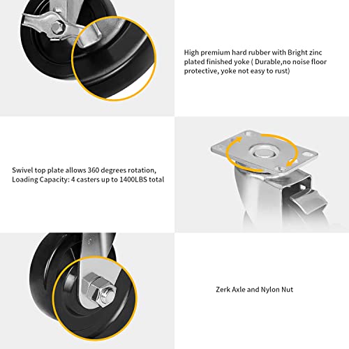 Джанти NINOSO, 5-инчови колела повишена здравина Комплект от 4-те твърди гумени дискове за верстака с количка за