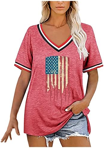 Летни Потници за Жени, Ежедневни Тениски с V-образно деколте, Тениска с изображение на Знамето на САЩ, Ризи с Къс