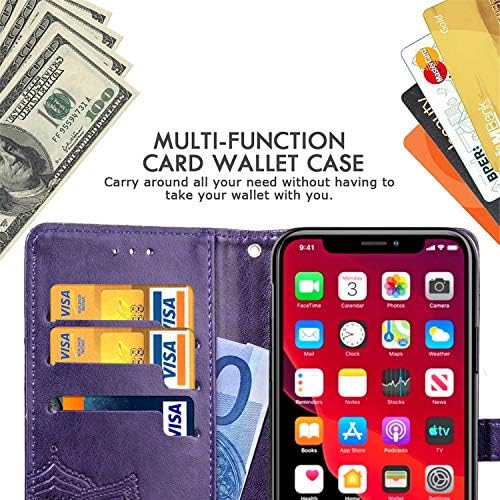 Чанта-портфейл за iPhone 11 6.1 с отделения за кредитни карти [С цветна релефна] от изкуствена кожа с магнитна закопчалка,