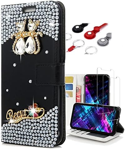 Калъф за телефон Фея Art Crystal Wallet е Съвместим с Samsung Galaxy A10e - Cat - Черно - 3D Кожен калъф ръчна изработка с Блестящи Побрякушками с защитно фолио за екрана и каишка за врат?