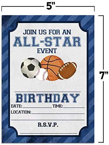 Сини Покани на рожден Ден в спортната тематика All Star за момчета, 20 Картички с размер 5 x 7 инча с двадесет бели