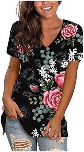 Дамски Ежедневни Блуза с Къс Ръкав 2023, Памучен Тениска с Цветен Модел, Лятна Есенна Тениска С Дълбоко V-образно